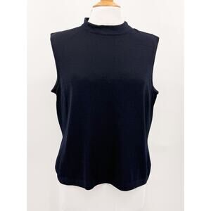 St John Sleeveless Top Mock Neck Navy Blue Santana Knit Shoulder Zip Size Large